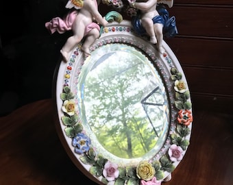 Antique Meissen Easel Mirror, Cupid Porcelain, Germany
