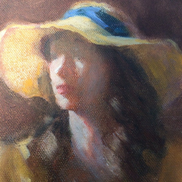 Girl in a yellow hat  9.5” x 8” oil painting mid century portrait painting portrait in oil of women in yellow