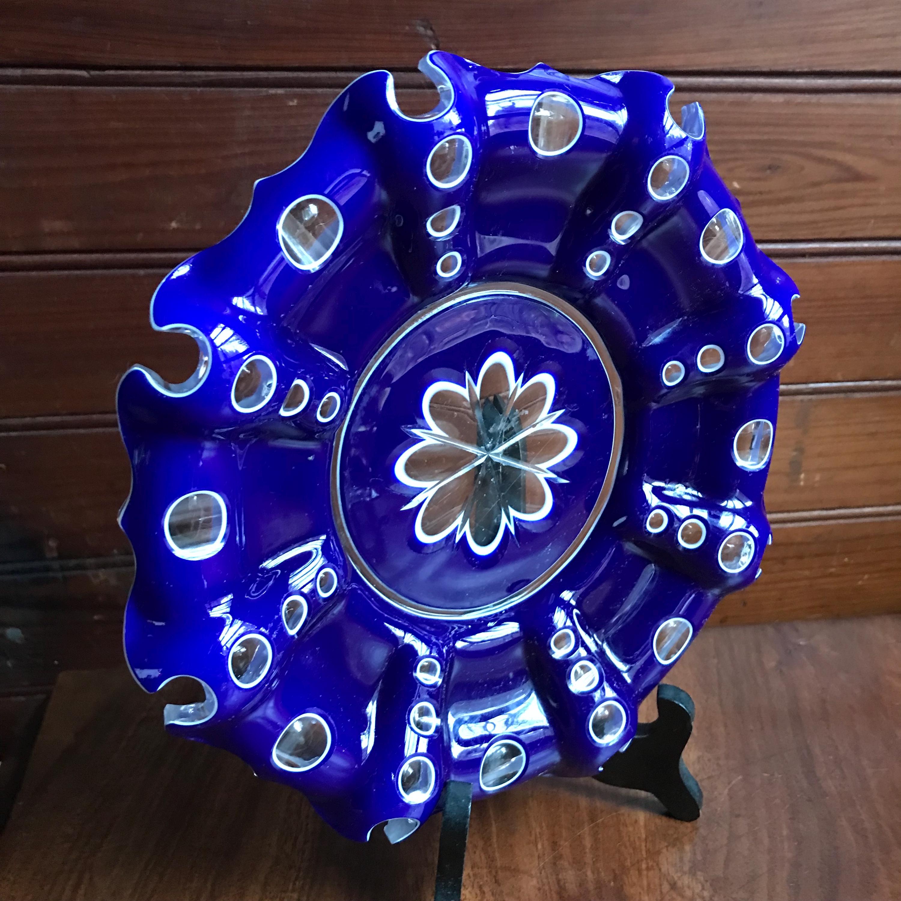 Bohemian ブルーカットボール　1950年物 Antique Bohemian Cobalt Cut-to-clear Glass Dish, Biedermeier Style
