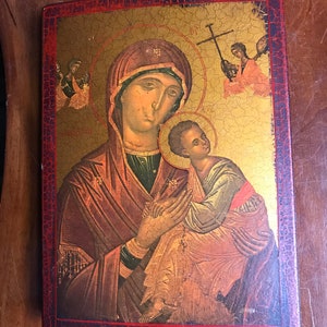 Madonna mit Kind Wandplakette/ griechisch kyrillische Madonna mit Kind auf Holz