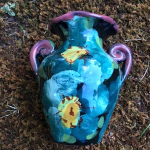 Small hand painted purple teal amphora vase Italy