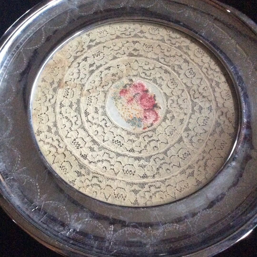 Large Vanity Tray.silver Plate,glass,lace Pettipoint Tray Etsy