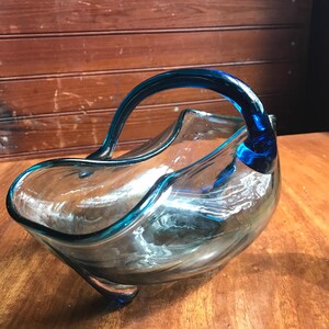 Freeform glass basket handled blue glass basket hand blown glass bowl blue