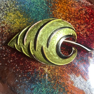 Kramer leaf brooch chartreuse brooch enameled Kramer brooch vintage signed