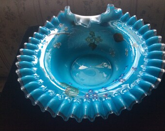 Blue opaline wedding bowl,milk glass blue overlay handpainted