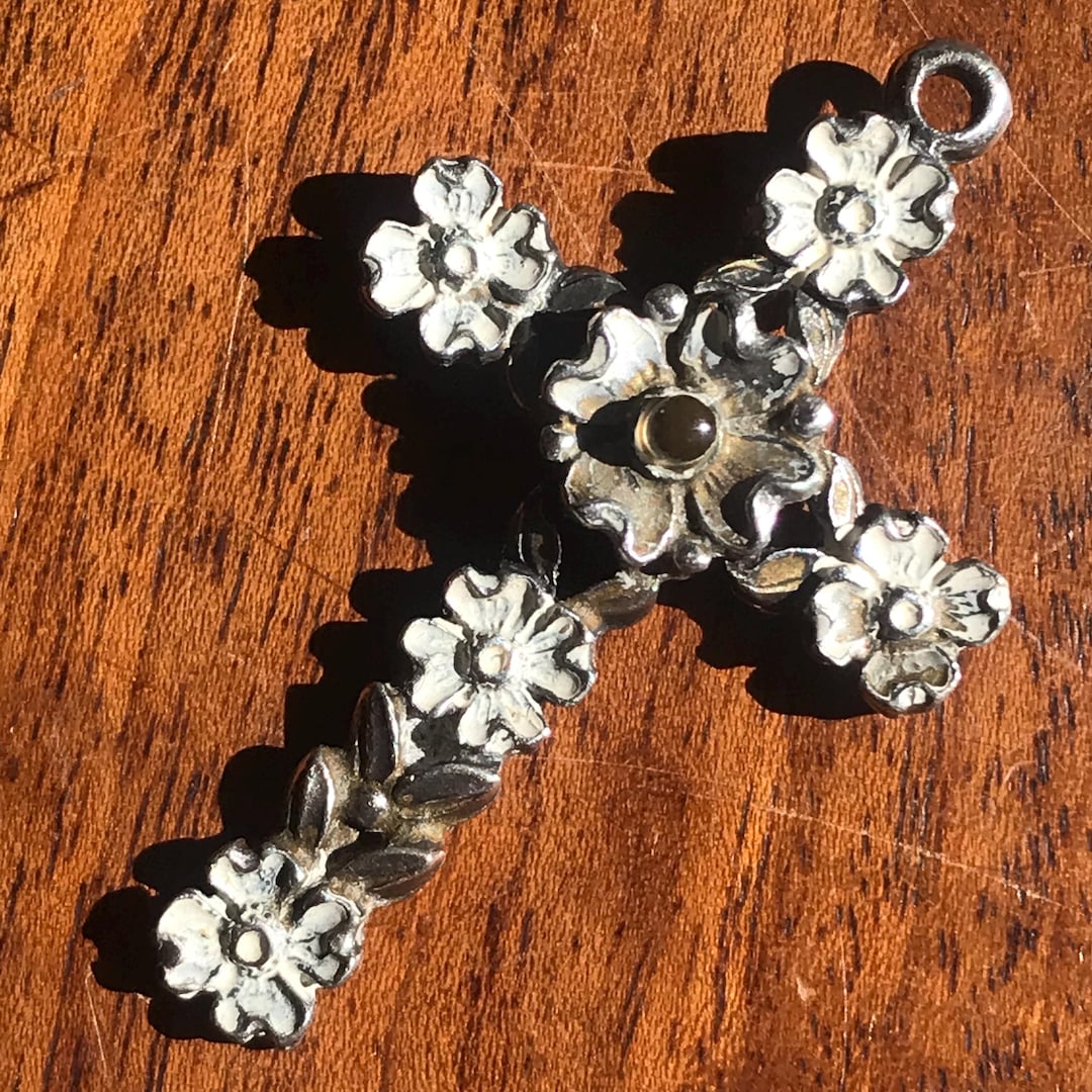 Sterling Silver Floral Cross Pendant, White Enameled Religious Jewelry ...