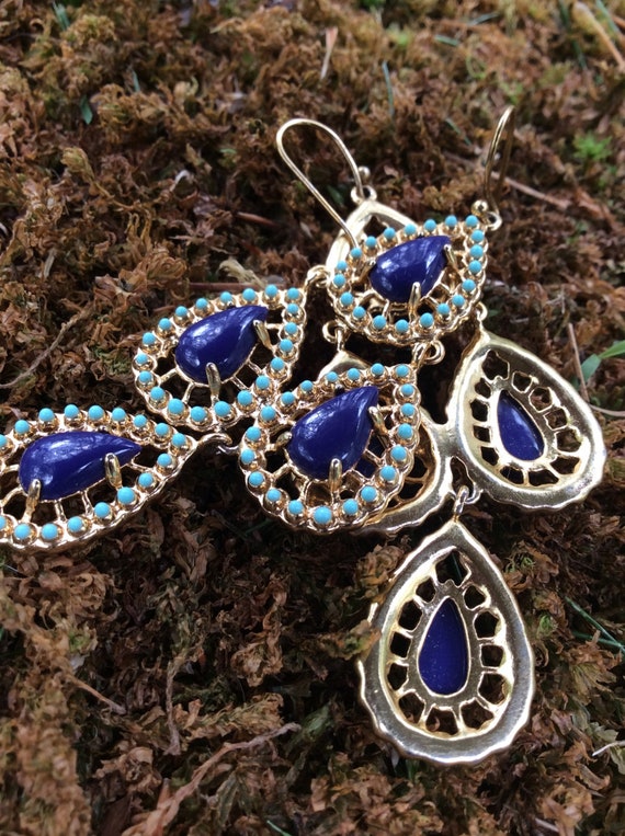 Vintage chandelier earrings vermeil blue gold earr