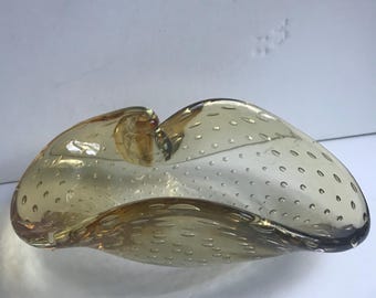 Mid Century Murano Glass Bullicante Bowl, Pale Yellow Seashell Swirl