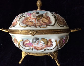 Antique French covered chocolate bowl /handpainted porcelin and ormolu box French porcelain putti box