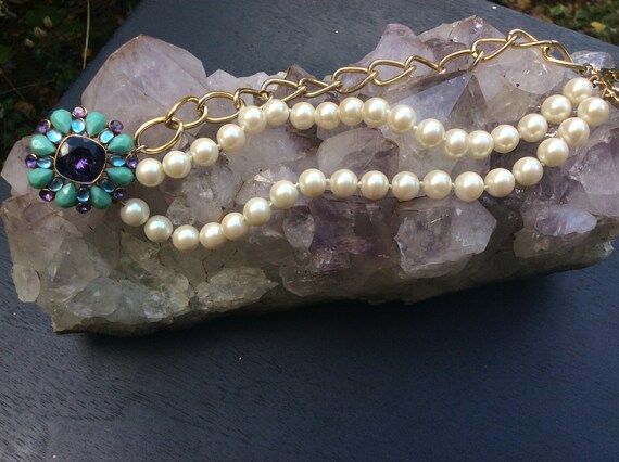 Vintage Carol Lee bracelet faux pearl amethyst gl… - image 2