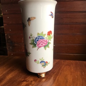 vintage floral vase 10” footed porcelain vase white and gold vase floral