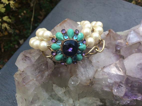Vintage Carol Lee bracelet faux pearl amethyst gl… - image 1