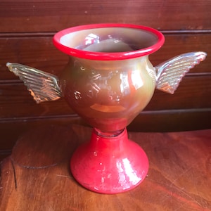 Red vase post modern vase Memphis style vase round red  glass Vase signed