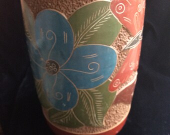 Mexican folk art 9” vase,Oaxaca ceramic vintage signed vase,butterfly vase