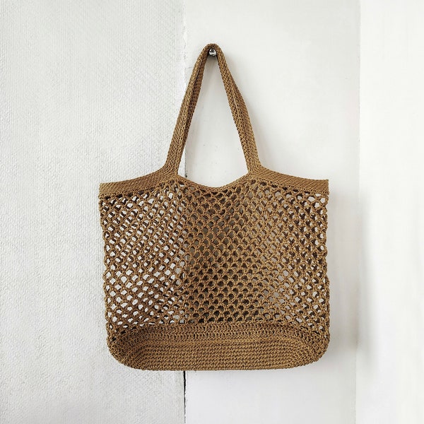 Raffia net bag in dark mustard color, Summer raffia tote bag, Crochet Women Bag