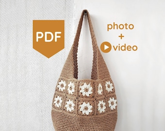 Crochet granny square bag pattern, Raffia bag pattern, Instant Download PDF