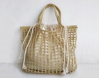 Raffia tote bag in straw, Crochet raffia net bag, Straw mesh bag, Summer women bag