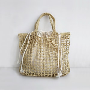 Raffia tote bag in straw, Crochet raffia net bag, Straw mesh bag, Summer women bag