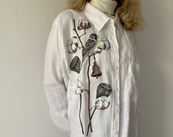 Hand painted white pure linen  shirt, Custom button down botanical shirt, TO ORDER