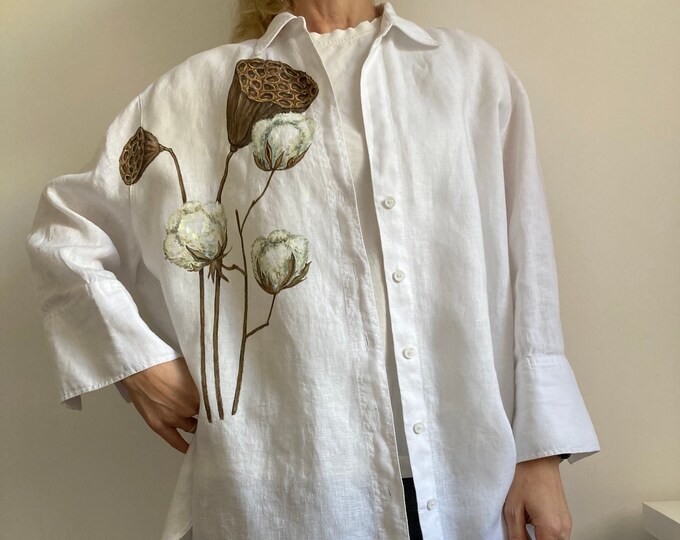 Hand painted linen blouse floral, Pure linen shirt for Birthday gift for her, cotton anniversary gift, TO ORDER