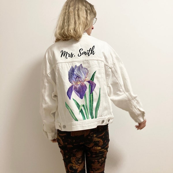 Hand painted denim jacket, Bride jean jacket with iris painting, TO CUSTOM ORDER