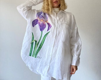 Hand painted linen elegant blouse, Iris painting botanical shirt, White oversize floral shirt