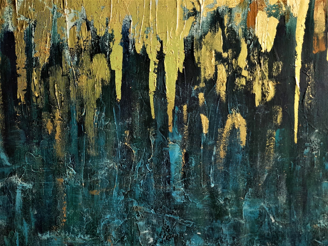 Blue Green and Gold Abstract Painting on Canvas Original Etsy