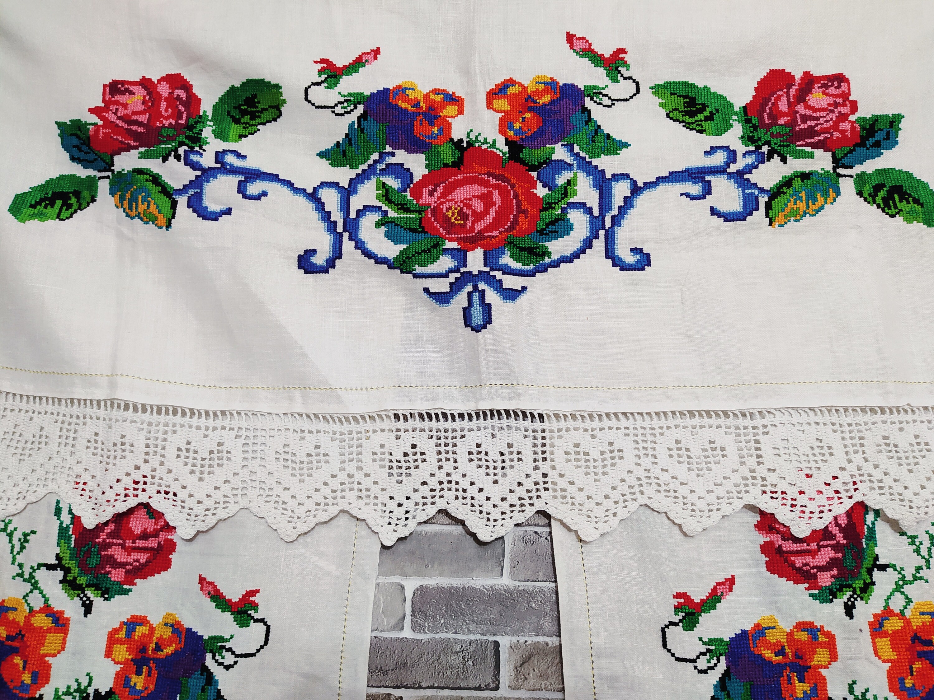 Embroidery cross stitch red flower Rustic curtains Curtains Etsy