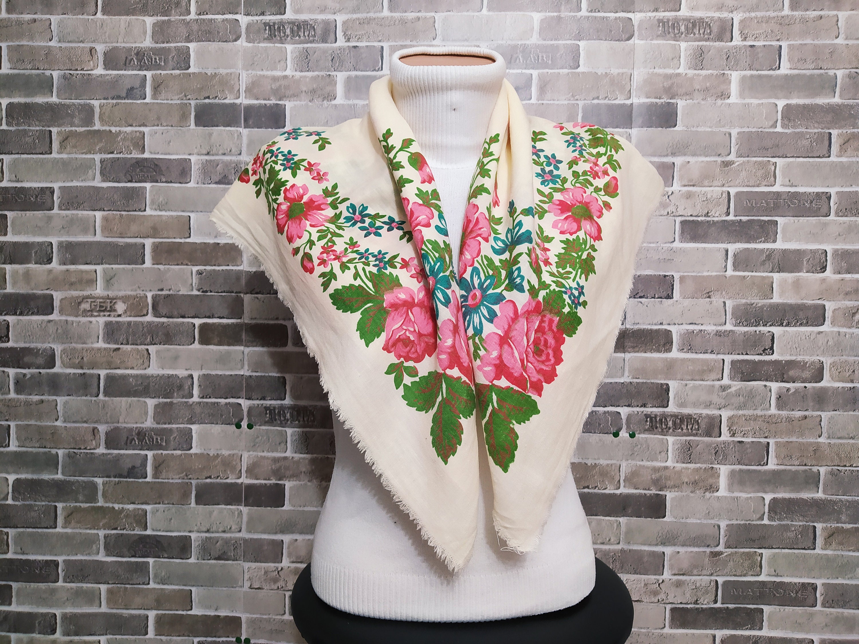 Ukrainian cotton scarf Russian Neck scarf White pink flower | Etsy