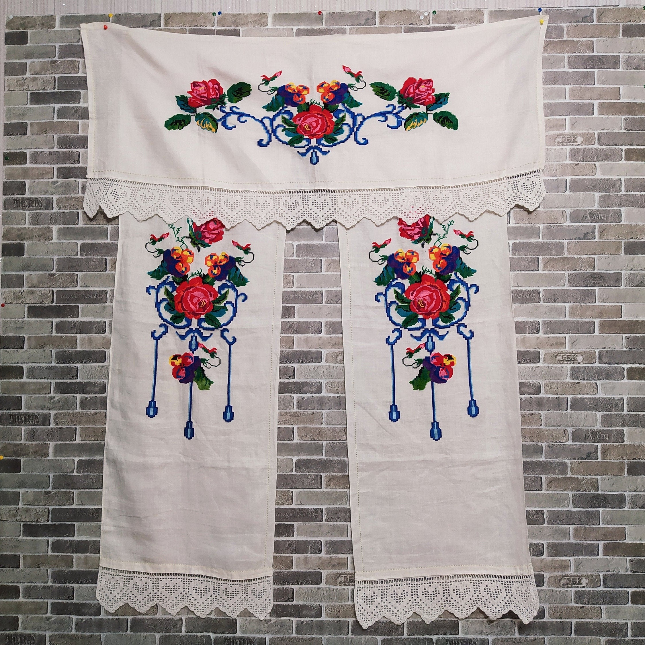 Embroidery cross stitch red flower Rustic curtains Curtains Etsy