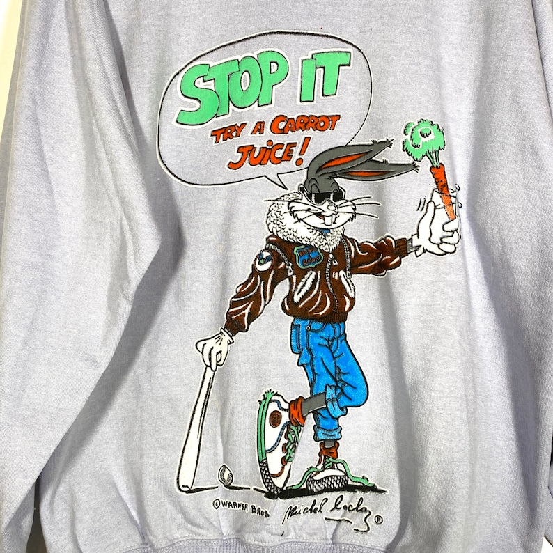 Bugs Bunny lilac sweatshirt Warner Bros print by Michel Bachoz new old stock 80s size M.