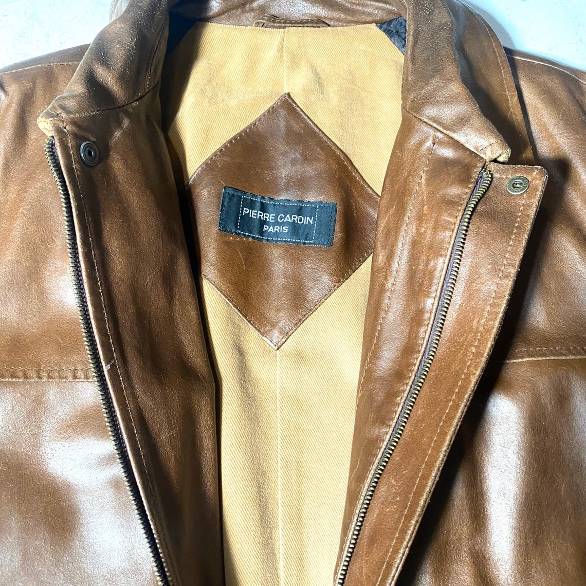 Pierre Cardin Paris tan leather coat / jacket with beige | Etsy