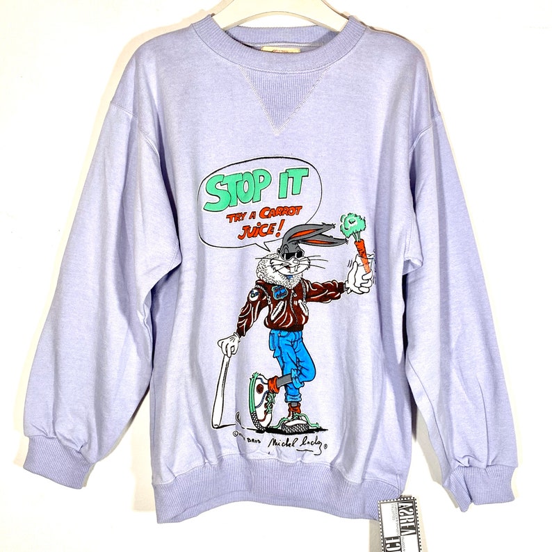 Bugs Bunny lilac sweatshirt Warner Bros print by Michel Bachoz new old stock 80s size M.
