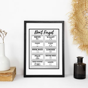Don&#39;t Forget your Keys, Wallet, Phone, Purse, Book Bags, Lunches, Pills, Secure Dogs, Check Counter, Lights. CANVA template.