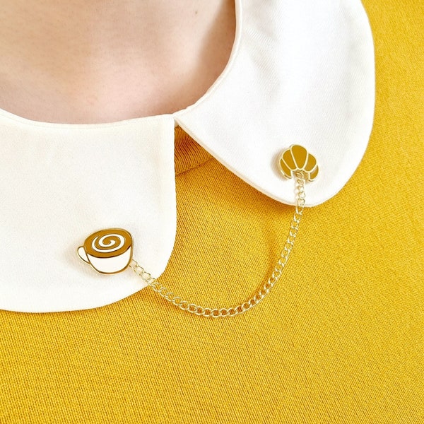 Coffee & Croissant Collar Pins | Hard Enamel Pin Set with Detachable Chain