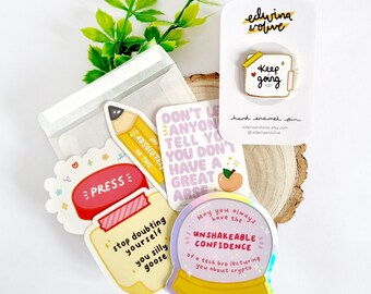 Motivational Pin & Sticker Bundle | Pack of 5 cute, sassy, motivational vinyl stickers and enamel pin