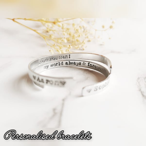 Personalised Bracelets | Hand Stamped Silver Tone Bangles | Customisable Cuffs | Gift for Her