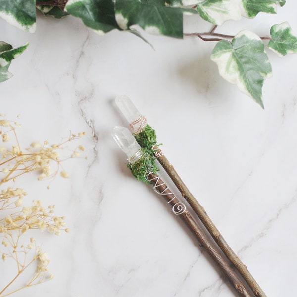 Crystal and Willow Wand, Magic, Prop, Decor, Moss, Nature, Gift for Her, Cottagecore