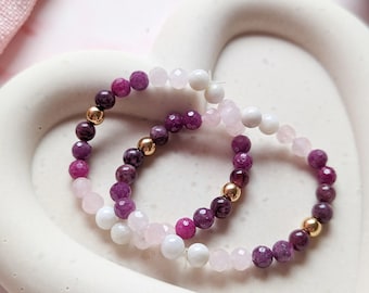 Self Love Crystal Bracelet, Rose Quartz, Ruby, Lepidolite, Moonstone, Gold Hematite, Pink, Purple, Gift for Her, Valentine's, Gemstones