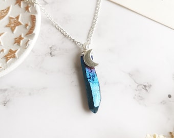 Cobalt Blue Quartz Moon Crystal Necklace