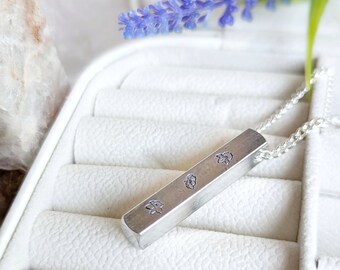 Birth Flower Bar Necklace, 3D Pendant, Personalised Jewellery, Flora, Mother's Day Gift, Gift for Her, Cottagecore, Minimalist, Silver