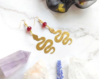 Snake Earrings | Snake Earrings, Brass, Red Crystal, Halloween, Gothic, Gold, Statement Earrings, Hook, Serpent, Magical, Willow Rose Design