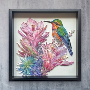 Quilled Bird and Flower, Hummingbird and Blossom Beauty, 50x50 cm, Covered with Acrylic, Unique Gift for Anniversary, Wedding, Birthday