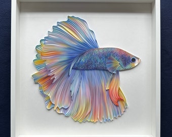 Arte de pez acolchado, 50x50 cm, pez Betta, arte de papel enmarcado en 3D, cubierto con acrílico, regalo único para aniversario, boda, cumpleaños