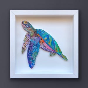 Tortuga marina acolchada, arte de papel enmarcado en 3D, cubierto con vidrio, regalo único para aniversario, boda, cumpleaños