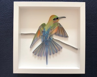 Quilled Bird, Bee-eater, 3D Framed Paper Art, Covered with Glass, Unique Gift for Anniversary, Wedding, Birthday