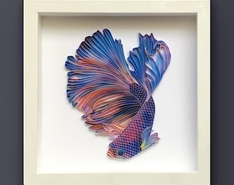 Quilled viskunst, betta vis, 3D ingelijst papier schilderij, bedekt met glas, uniek cadeau voor jubileum, bruiloft en verjaardag