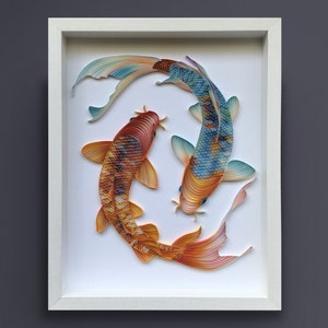 Arte de pared de pescado acolchado, círculo de vida Koi, arte de papel enmarcado en 3D, cubierto con vidrio, regalo único para aniversario, boda, cumpleaños
