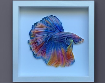 Quilled viskunst, betta vis, 3D ingelijst papier schilderij, bedekt met glas, uniek cadeau voor jubileum, bruiloft en verjaardag