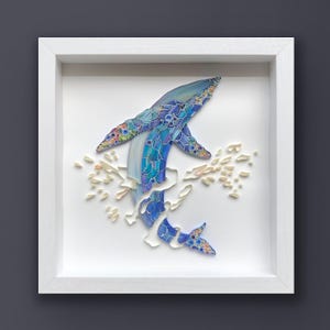 Arte de pared acolchado, ballena, pintura de papel enmarcada en 3D, cubierto con vidrio, regalo único para aniversario, boda, cumpleaños